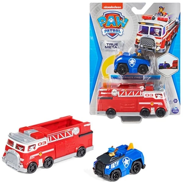 Spin Master Paw Patrol True Metal Team 2er Set Feuerwehrwagen Und Polizeiauto Mit Chase, Spielfahrzeug – Bild 2